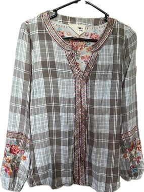 Savanna Jane Taupe and White Plaid Embroidered V-Neck Blouse